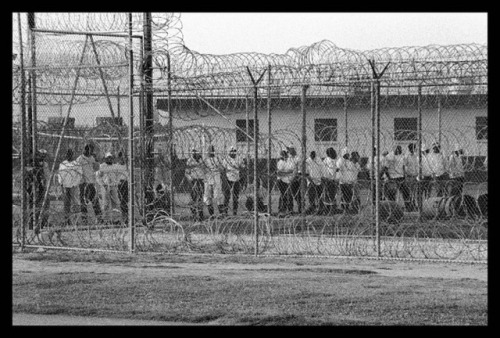 “WORK CALL, MEN BEHIND BARBED WIRE FENCING WAITING TO GO TO WORK IN THE FIELDS OF ANGOLA&rdquo