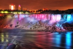 sixpenceee:  Niagara Falls Illumination  Every evening beginning at dusk, the Falls are lit in the colours of the rainbow. Illumination of the Falls has been financed and operated by The Niagara Falls Illumination Board since 1925 