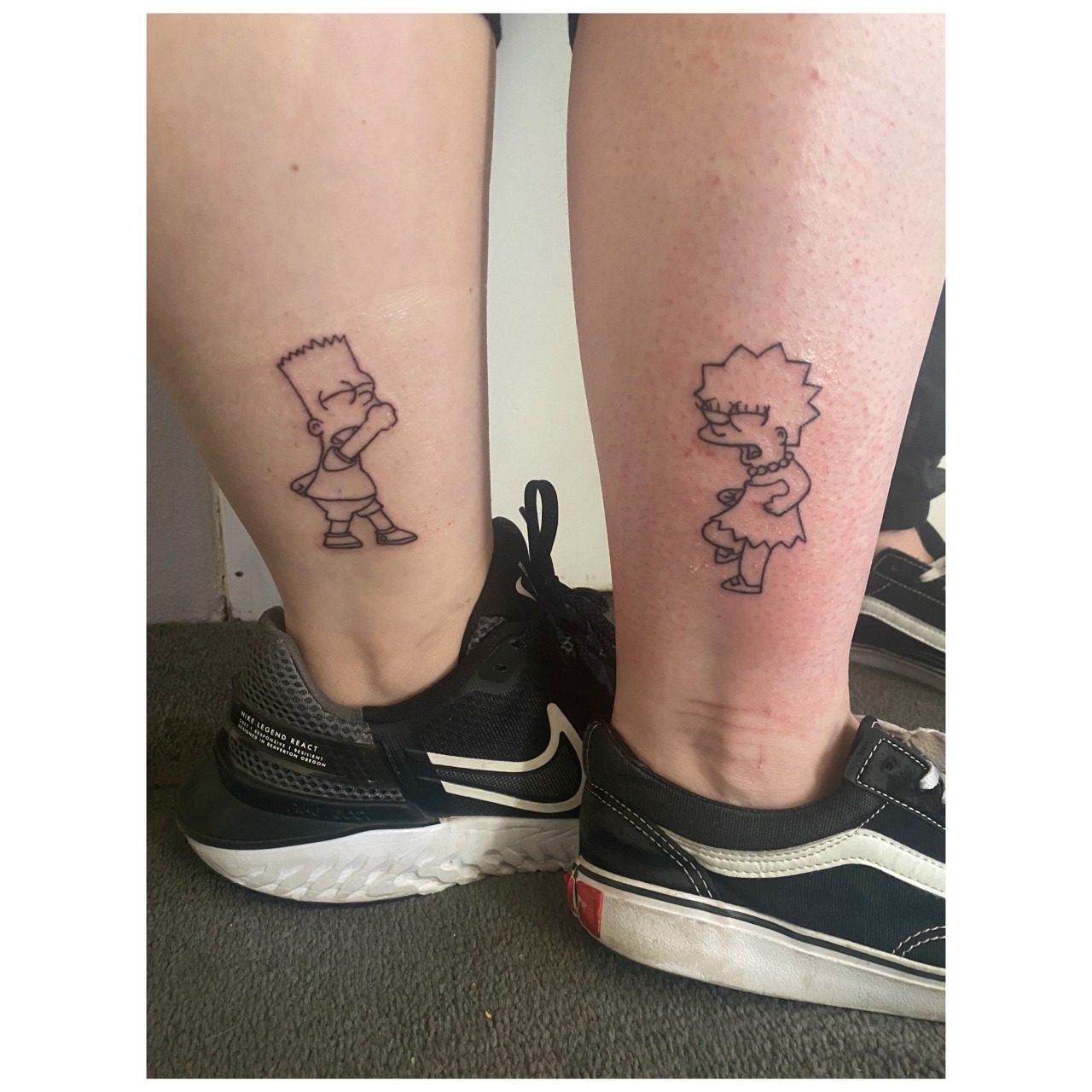 Hand poked Bart and Lisa tattoo on the thigh
