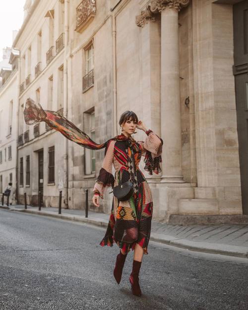 Jenny Cipoletti in Paris. Dress by Etro, booties by Stuart Weitzman 