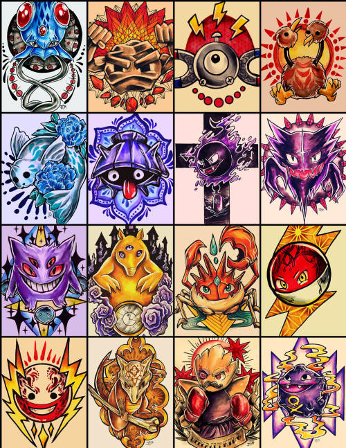 retkikosmos:  Pokemon Tattoo Design Seriesfull series as of June 2015my biggest series of i’ve done/ will ever doI took a few months hiatus from this project but I’m back at it and i’m still determined to draw them all! 