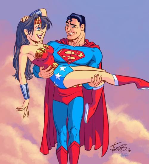 tombancroft1:  Walking on Sunshine- my #petty inspired drawing/inks with more awesome @jskipper_colorist colors on it.  He put them in the sky and It made me laugh. Perfect!  #superman #wonderwoman @dccomics #animation 