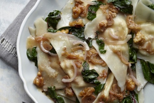 Recipe of the day: Sun-Dried Tomato Agnolotti With Walnuts and Swiss Chard Packaged wonton wrappers 