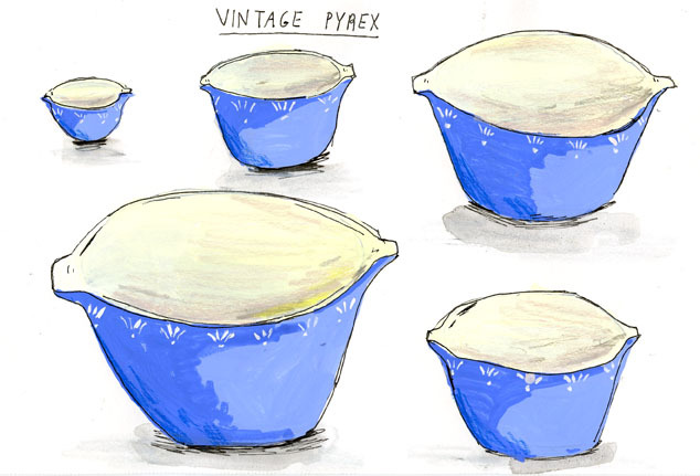 Original drawing of vintage pyrex bowls for sale.