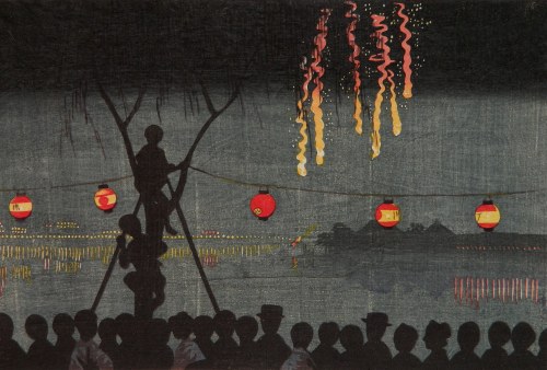 Kobayashi Kiyochika aka 小林 清親 (Japanese, 1847-1915, b. Edo, Japan) - 池の端花火 (Fireworks at Ike-no-Hata