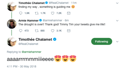 Timothée Chalamet & Armie Hammer Interacting On Twitter | 05.30.2018
