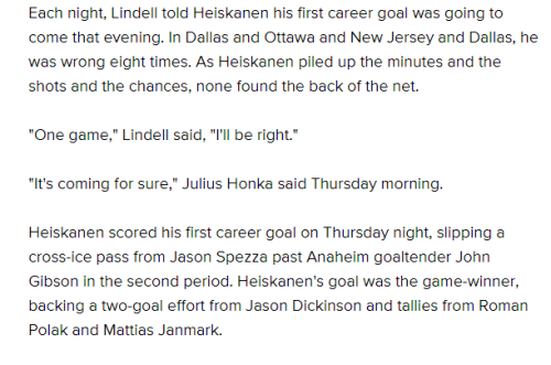 off-icesituation: This is…??? So CUTE???? Tonight, he was right: Miro Heiskanen’s first NHL goal sho