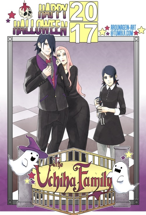 arounagein-art:   うちはサスケサクラサラダ-//H A P P Y    U C H I - H A L L O W E E N // ★~  Sasusaku + Sarada Halloween Costume Survey winner is: @sad-sakura​​ !!! ~★  The Addams Family![Ah thank you so much to everyone that submitted