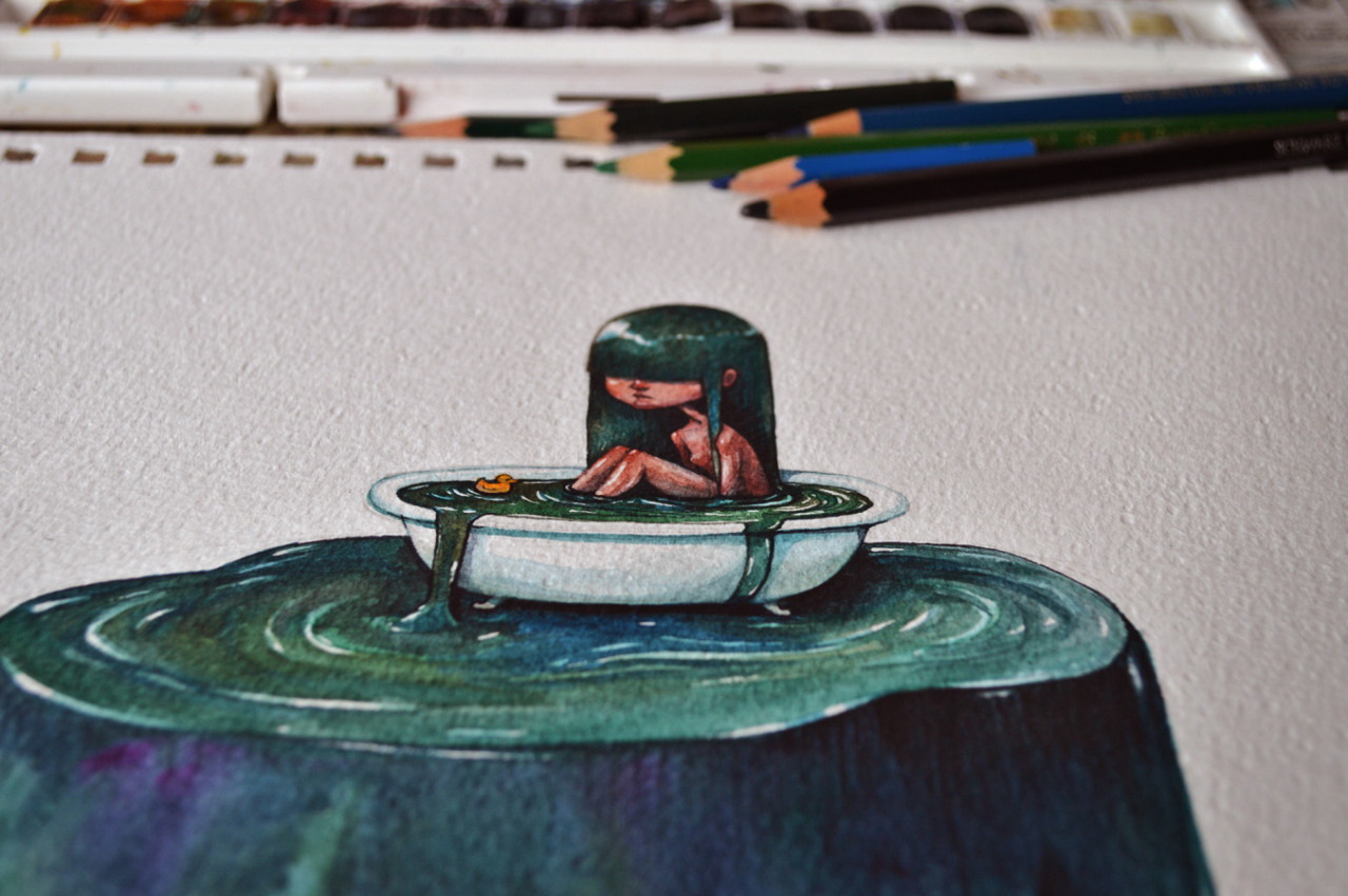 marijatiurina:  A quick A3 format watercolor painting from last night. Girls in tubs