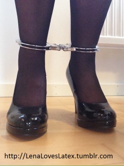 lenaloveslatex:  Strict ankle cuffs, high heels and stockings. Lena’s not going anywhere fast.