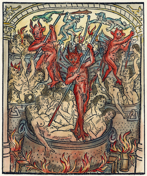 signorformica: Hell. Seven Deadly Sins. Colored woodcut from Le grand kalendrier et compost des Berg