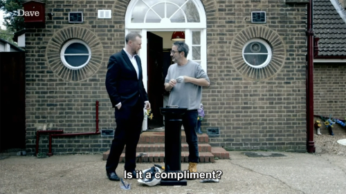 [ID: Two screencaps from Taskmaster. Alex Horne and David Baddiel stand on the driveway outside a ho