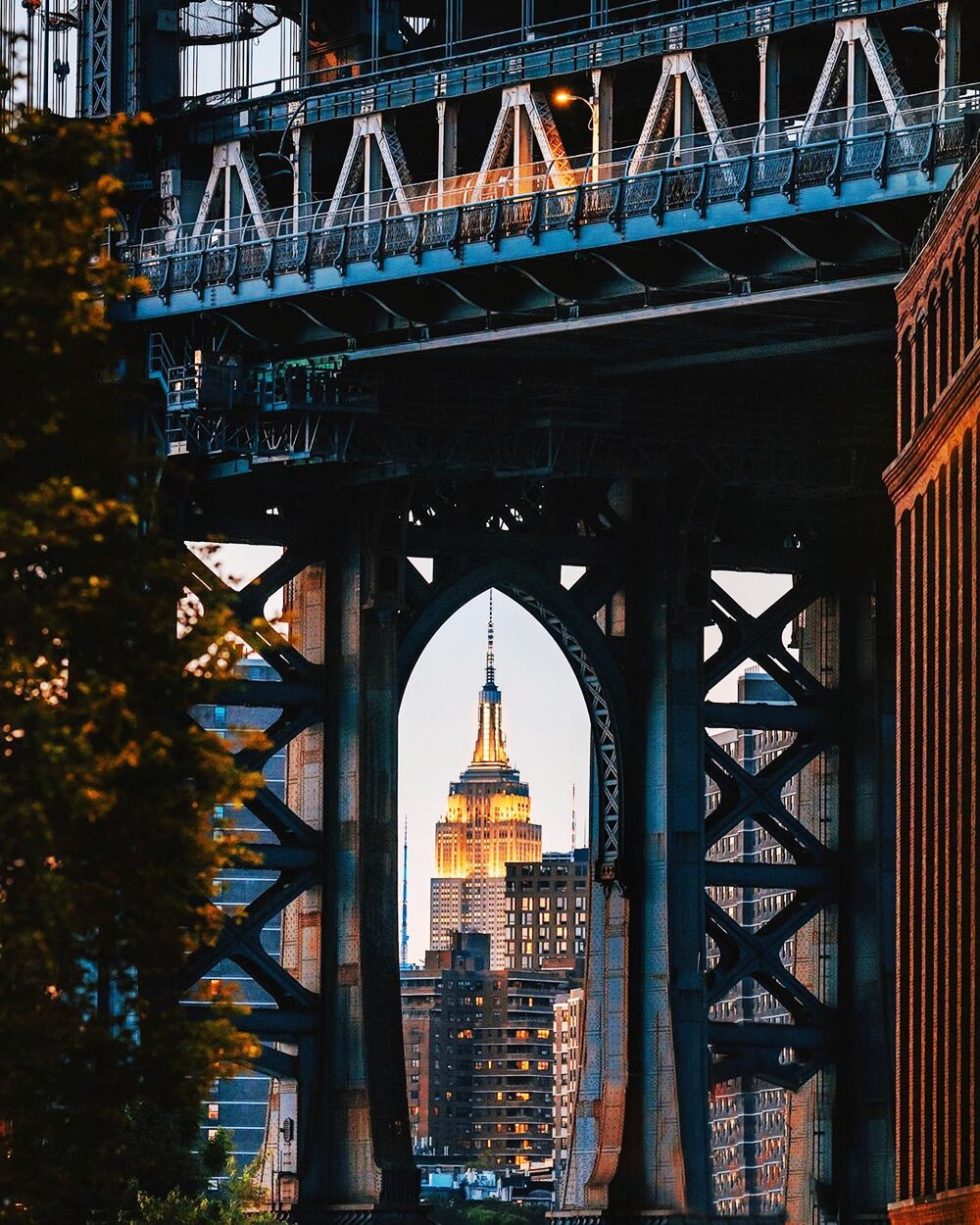 [[MORE]]From Washington Street, looking through the towers of the Manhattan Bridge toward the Empire State Building