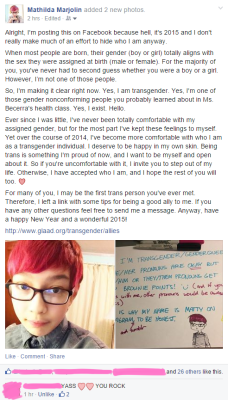 prince&ndash;star:  I never thought I would ever be able to come out to everyone at school as transgender, let alone on Facebook. But here we are. It feels good to not only be proud and vocal about my identity, but to also have so many people accept me