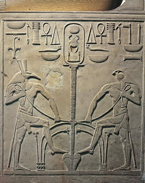 Relief of Horus and SethDecoration on the side of the throne of King Senusret I showing the theme of