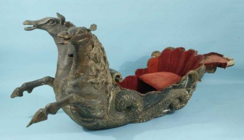 songtosyren:18th Century Russian wood carved snow sleigh in the form of two sea horses pulling a sea