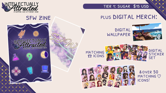 A digital graphic showcasing the deep plum cover of the sapphic Ace Attorney fanzine with tiny previews of the digital merch that will come with a base Safe For Work bundle purchase are on the right. Tier 1, Sugar, costs fifteen dollars.