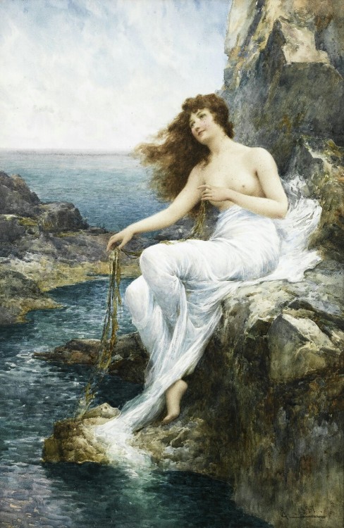 thevictorianduchess:A sea maiden resting on a rocky shore Alfred Augustus Glendening Junior Oil on c