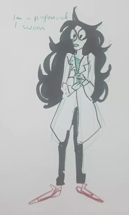 A very simple sketch of Jade Harley, from Homestuck. She is wearing a lab coat over a green shirt and red converse, with her hands up as if fidgeting, and saying "I'm a professional, I swear.