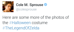 spookymomi:  shingkei-no-homo:  sprousetwinsblog:  Cole Sprouse aka Link  I said no COSPLAYING in my loBBY  So when they make a Legend of Zelda movie, they’re casting him as Link, right? 