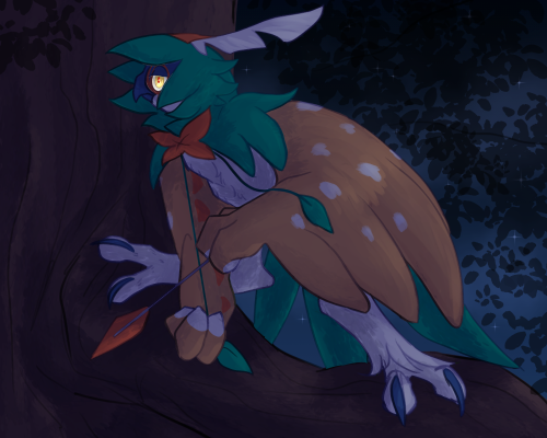 A decidueye perched on a tree branch at night. It is nocking an arrow on its cloak string.