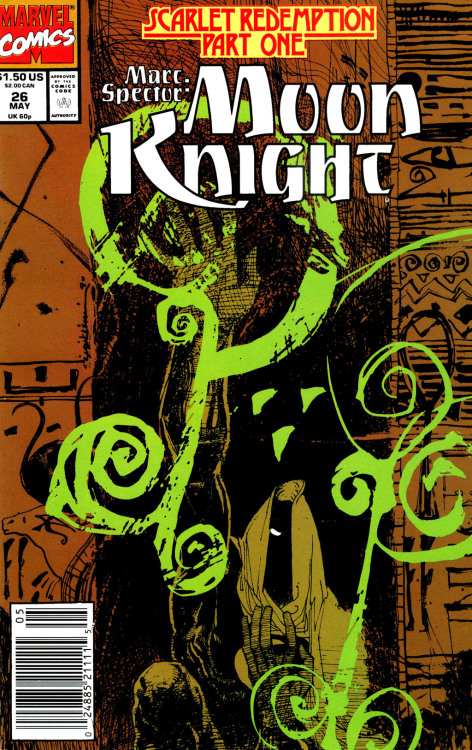 comicartistevolution:  Bill Sienkiewicz 1991: covers to Marc Spector: Moon Knight #26 - 31 It’s always great to see Sienkiewicz return to Moon Knight, and providing the covers the all six issues of the “Scarlet Redemption” arc was a bonus!