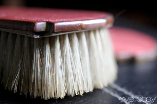 Vintage Art Deco Vanity Set, Pink Guilloche.  This hand mirror and brush set is in the Art Nouv