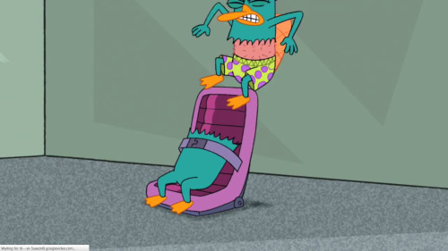 Perry the Platypus from Phineas and Ferb episode “Unfair Science Fair.” In this episode, Perry escapes Dr. Doofenshmirtz’s trap by jumping out of his fur and exposing his boxers to the viewers. Then, he runs off after Doofenshmirtz in his undies.