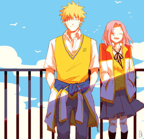 dreaming-of-sakura:Source MAOQSo cute!  I love Naruto High School AU art. It reminds me of two H