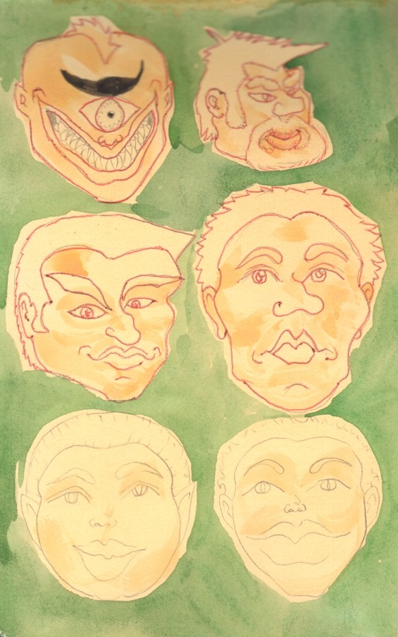 I&rsquo;ve been doodling faces in my sketchbook. Ink and/or watercolor on paper,