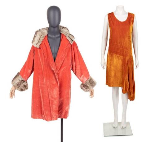 1928 c. Two velvet pieces: One coat trimmed in fur with one velvet dinner/evening dress. From Hindma