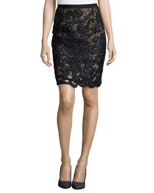 Embroidered and Beaded Pencil Skirt, Navy/Black/NudeShop for more like this on Wantering!