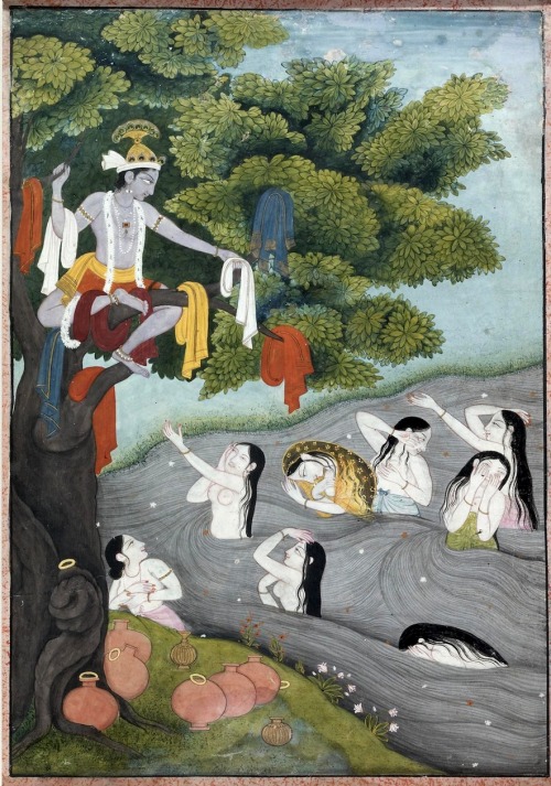 Krishna stealing gopis clothes, theme taken from Bhagavata Purana, pahari painting