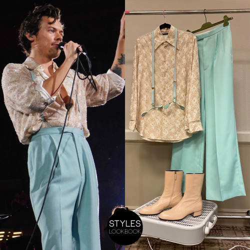 For his Love On Tour show in Boston, Harry wore a custom Gucci look featuring a cream shirt with a s
