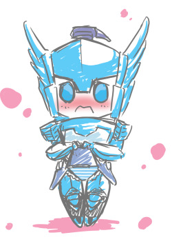 mzelda:  Have seen some people drawing robots in lingeries (ROLFEB), so I have an urge to draw some. Always think that Blurr must wear blue-and-white stripes underwear… (Thanks to that service panel in Spotlight Blurr…)