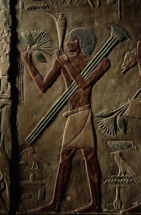 Offering BearerRelief depicts an offering bearer holding papyrus reeds, lotus bouquet and a purifica