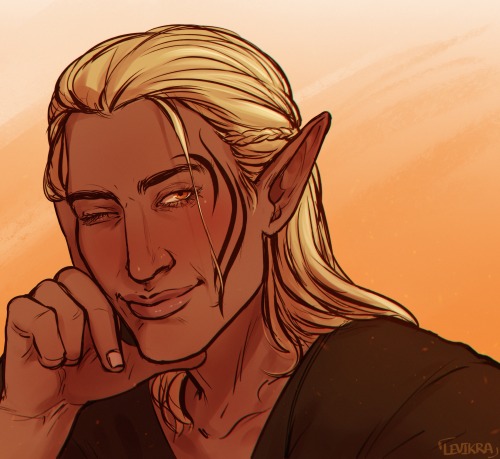 caed-nuas: levikra: “Admiring you, mi amor.”[Start ID: Two drawings of Zevran from the shoulders