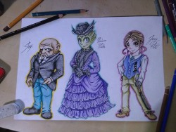 erialtrece:  Good evening, I’m a lizard woman from the dawn of time, and this is my wife – The potatoe one, the green one and the not-green one (a.k.a. Strax, Madame Vastra and Jenny Flint) 