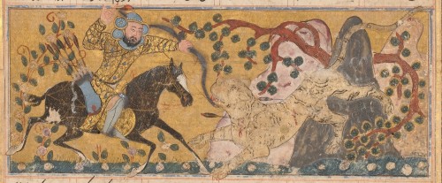 Bahram Chubina Kills the Lion-Shaped Ape Monster Folio from a Shahnama (Book of Kings) Abu'l Qasim F