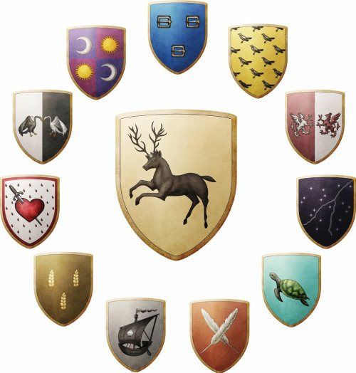 nobodysuspectsthebutterfly:  The World of Ice and Fire - The arms of the Great Houses of Westeros, and some of their vassals and houses of note. Artists: Jennifer Sol Cai, Mogri, Thomas Siagian (Velvet Engine)