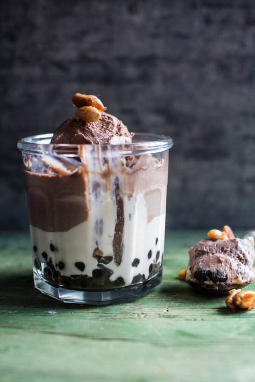 sweetoothgirl: Chocolate Peanut Butter Bubble Panna Cotta with Honey Roasted Peanuts