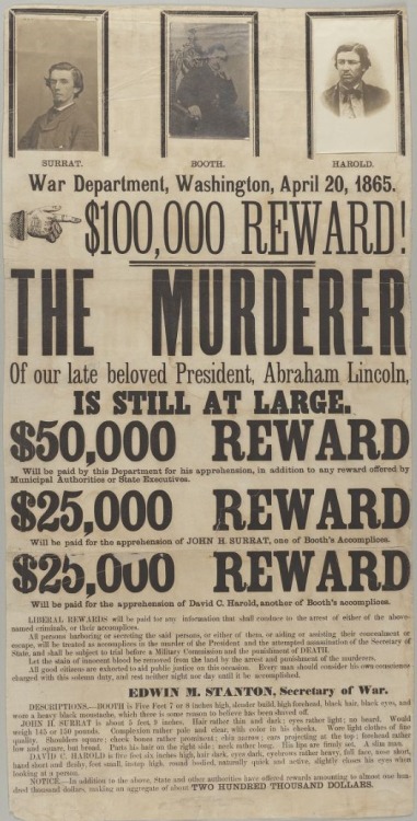 Wanted poster for the conspirators in the assassination of Abraham Lincoln, issued April 20, 1865. H