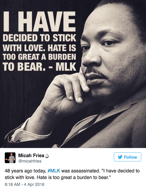 micdotcom:  Forty-eight years ago Monday, civil rights leader Martin Luther King Jr. was assassinated. During a visit to Memphis, Tennessee, he was standing on the Lorraine Motel second-floor balcony on April 4, 1968, when he was shot by James Earl Ray.