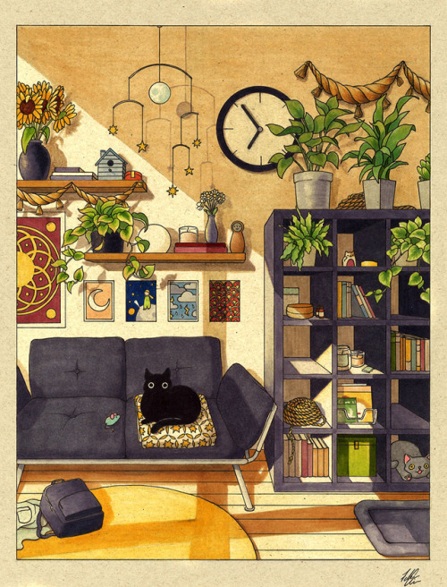 feliciachiao:A commission from a friend for a girl with a black cat and a lot of black furniture.