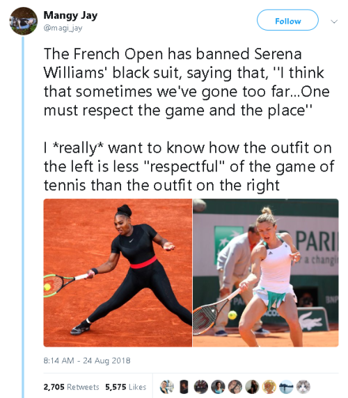 raimagnolia: paprikanoir:  jonkakes:  gahdamnpunk: “One must respect the game”, but when is French Open going to respect Serena?!  She is the literal personification of an omnipotent deity taking the court, you should be so lucky at to have her grace