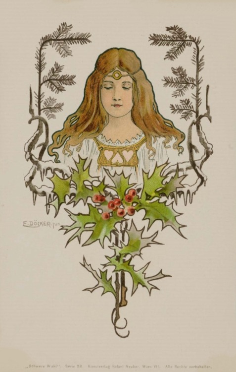 Holly Leaves and Berries.1900.Serie : Tough Choice.Vintage post card.Signed E.Döcker.jun.