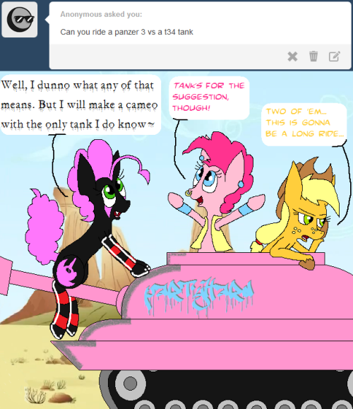 darkfiretaimatsu:  earthbound-applejack:  darkfiretaimatsu:  I’m not much of a technical pony, but I do know the word “tank”~ Now just because I use a lot of cameos doesn’t mean my ratings are tanking! I just have lots of friends whose canons