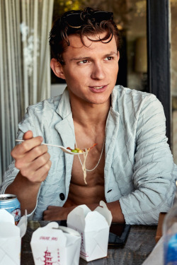 meninvogue: Tom Holland photographed by Carter Smith for British GQ. Tom wears Jacket Giorgio Armani, sunglasses Garrett Leight and Necklace The Great Frog