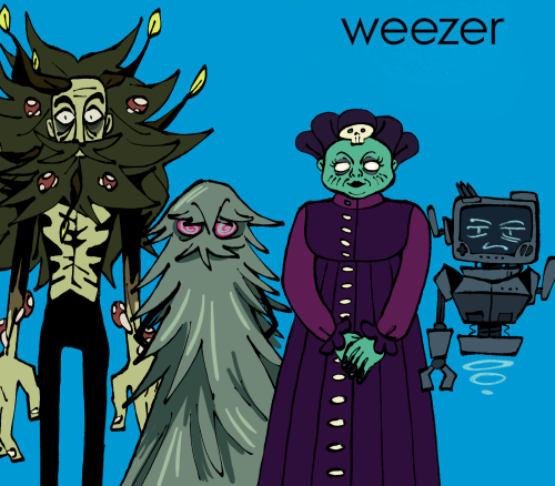 magnetic-dogz:Image ID: The Weezer Blue album cover with the four Scrybes from Inscryption, Leshy, M