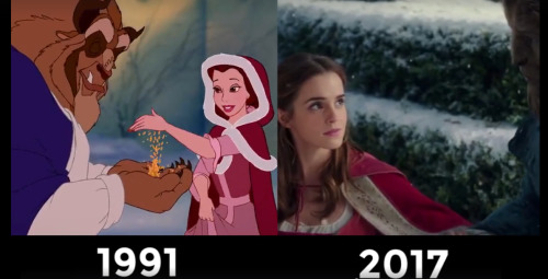 coolthingoftheday:  The animated classic Disney film ‘Beauty and the Beast’ from 1991, compared side-by-side with its live-action remake set to be released in 2017.(Source)